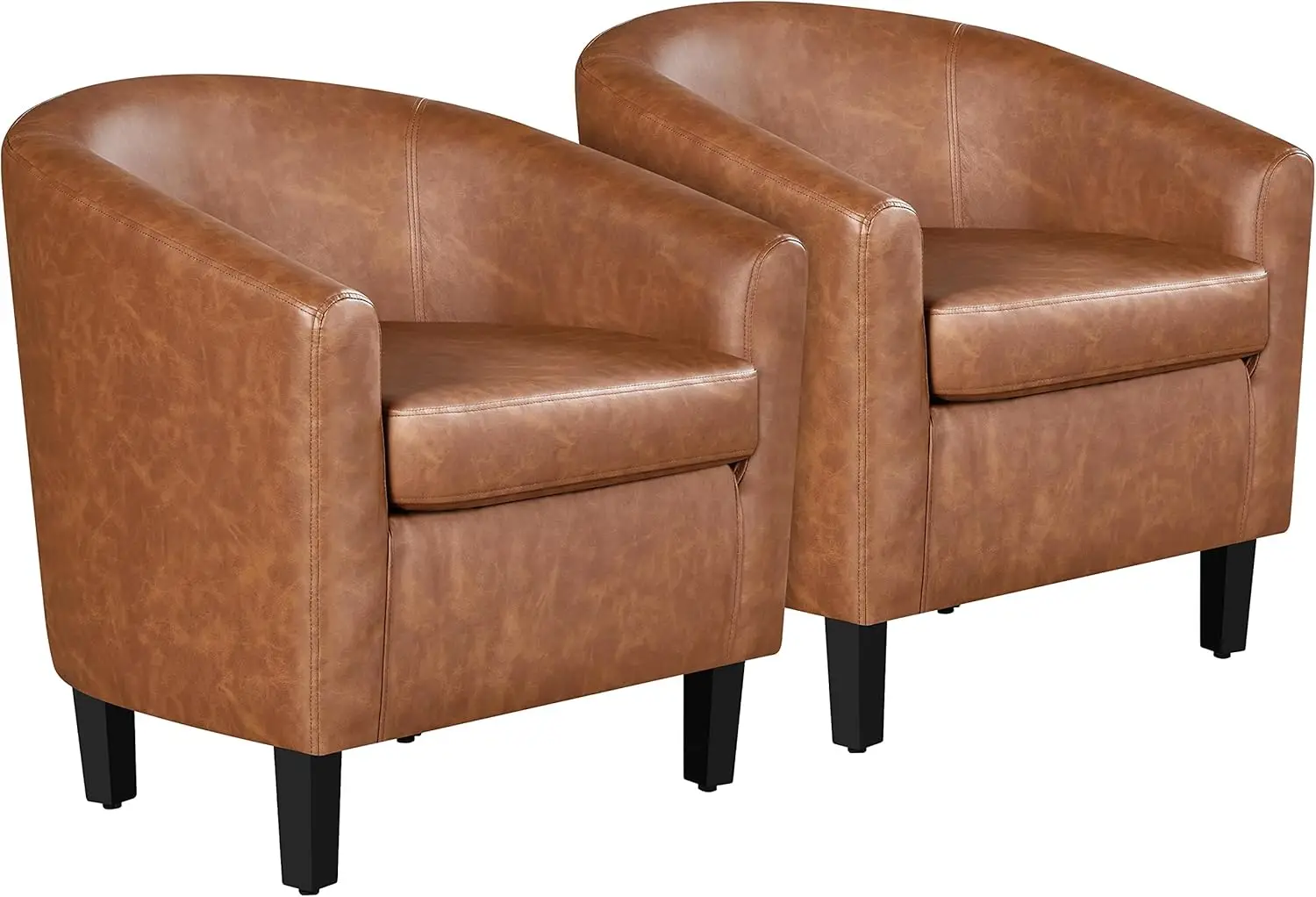 Brown Accent Chairs Set of 2, Faux Leather Barrel Chairs Comfy Club Chairs, Modern Leather Armchairs with Soft Seat fo