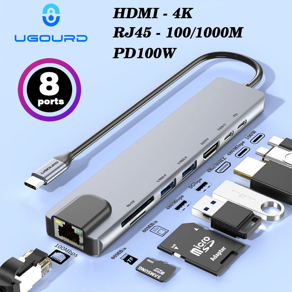 RJ45 이더넷-USB C 어댑터 도킹 스테이션, USB 타입 C-HDMI 허브, 4K 30HZ VGA 헤드폰 PD 100W USB3 확장, 100M, 1000Mbps
