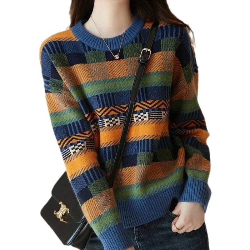 

New Contrast Color Long-sleeved Knitted Sweater Women's Spring Autumn Bottoming Shirt O-neck Plaid Pullover Casual Lady Sweaters