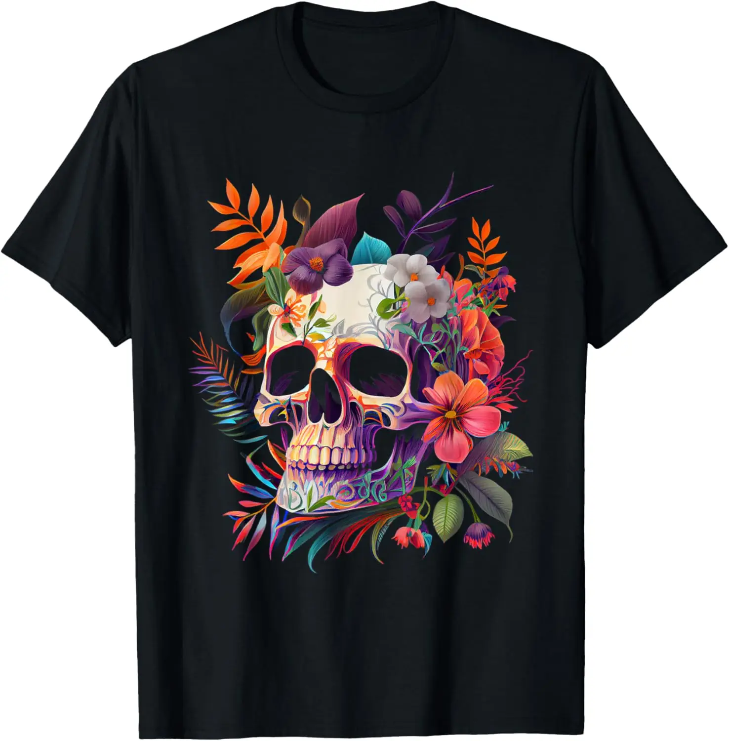 

Colorful Tropical Floral Skull Graphic Tees Men Women T-Shirt