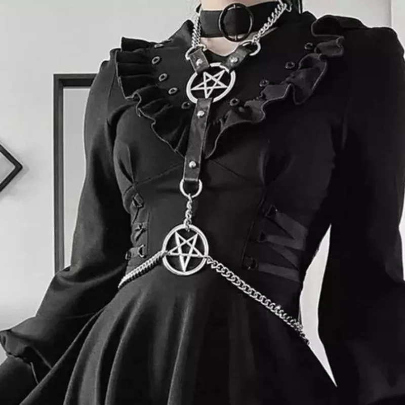 Gothic Waistband for Women SM Binding Collar and Shoulder Strap Integrated Waist Chain Punk Pentagram Dark Leather Style