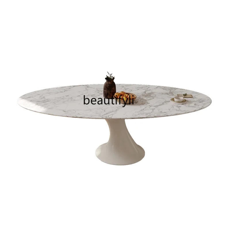 

French Retro Natural Marble Tulip Ellipse Dining Table Kala White round Dining Tables and Chairs Set