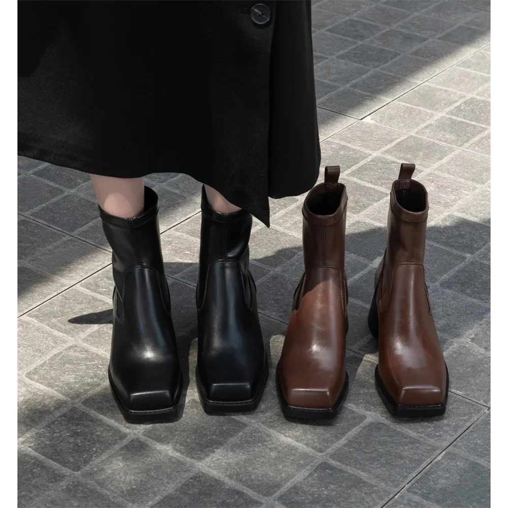 Taoffen Fashion Square Toe Women Ankle Boots Slip On Block Heel Short Boots Female Solid Color Office Dress Boots 2024 New Trend