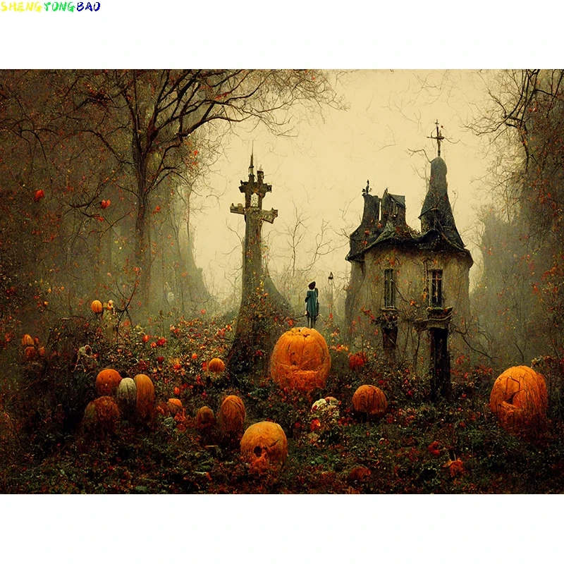 Halloween Backdrop Full Moon Scary House Night Castle Graveyard Forest Bats Pumpkin Lantern Spooky Photography Background  SJ-4