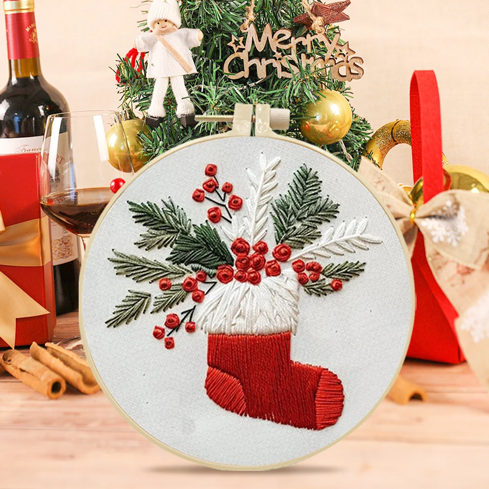 Embroidery Kit for Christmas DIY Wreath Printed Pattern Flower Cross Stitch Set Needlework Hoop Handmade Sewing Art Craft Kit