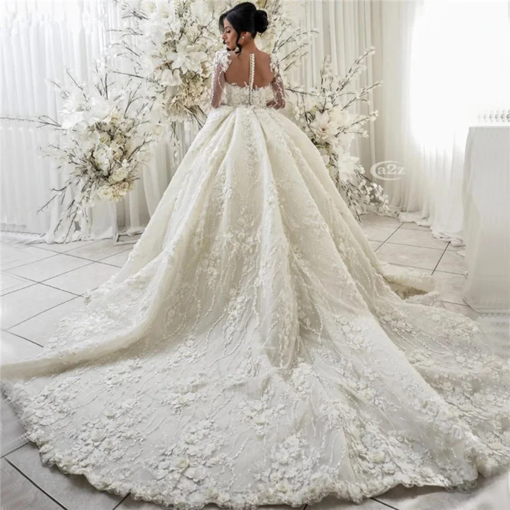 Arabic 3D Floral Lace Wedding Dresses Luxury Ball Gown for Bride Beads Lace Long Sleeves Bridal Gowns Robe De Mariee Customized