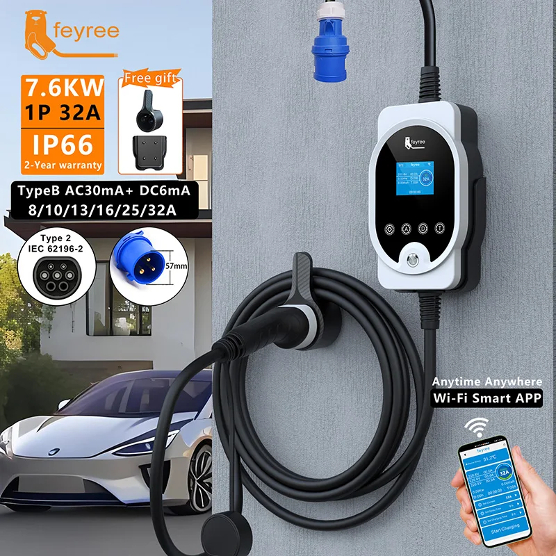 feyree EV Charger Portable Type2 7KW 32A 1P Fast Charging APP Wi-Fi Control by Setting Current & Charging Time for Electric Car