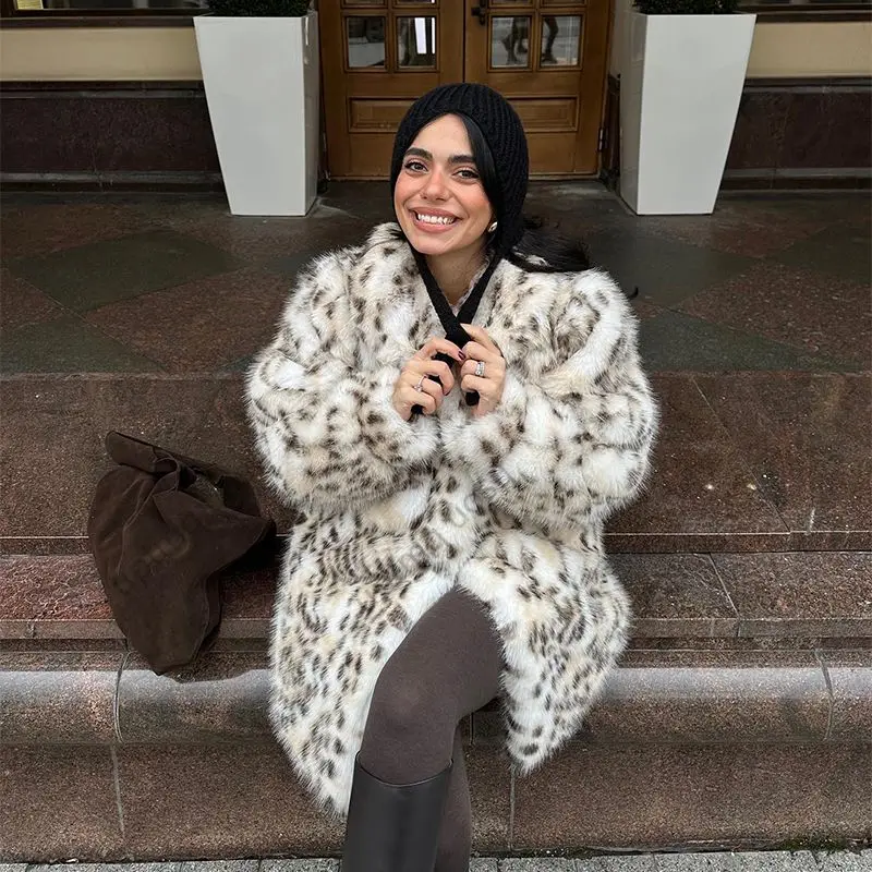 Cappotto di pelliccia sintetica di volpe con stampa leopardata marrone Premium Fluffy Fuzzy Vintage Cozy Winter Parka Outwear Old Money Fashion Midi Eco-Coat