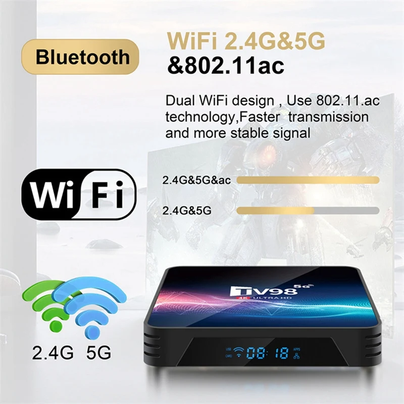 TV98 TV Box 1G+8G 2.4G &5G Wifi Allwinner H313 4Kx2k Android 12 Set-Top Box TV98 Media Player Durable Reusable UK Plug