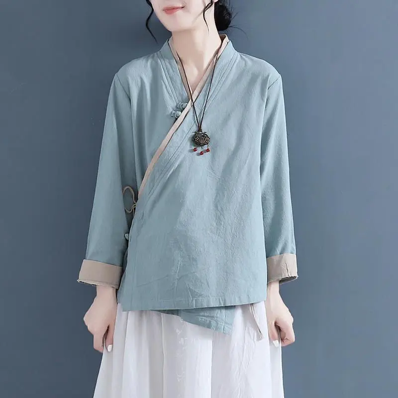 

Slanted Collar Buckle Women's 2024 Spring and Autumn New Patchwork Chinese Style Hanfu Cotton and Linen Top Retro Zen Tea Suit