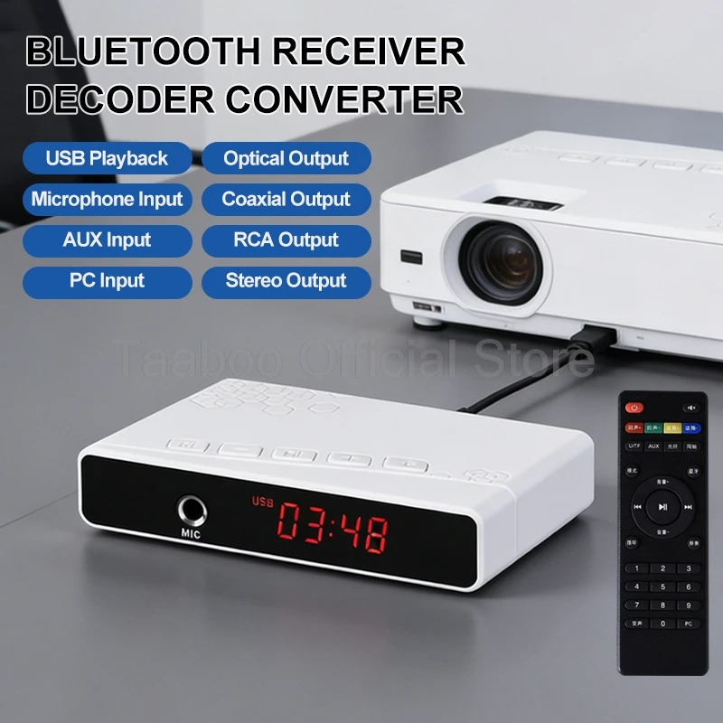 

Аудиоприемник Bluetooth 5.3 с оптическим и коаксиальным выходом, воспроизведением с USB и TF-карт для старых усилителей, телевизоров, проекторов и домашних кинотеатров
