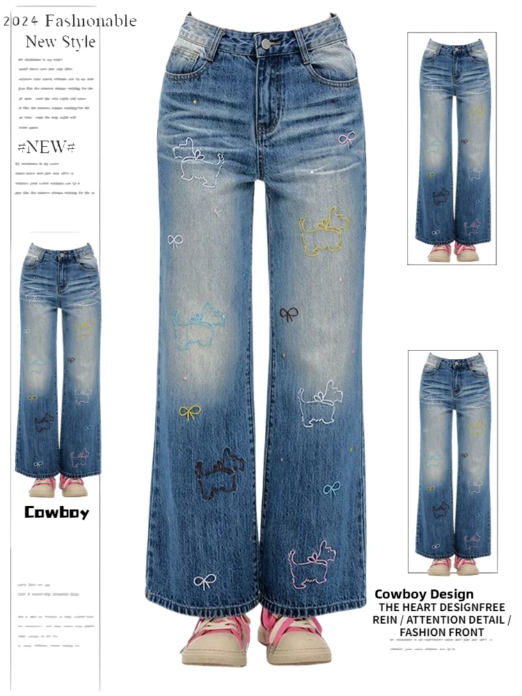 

American High Street Cartoon Embroidery Straight Leg Jeans Women's Spring Autumn New Design Retro High Waist Wide Leg Trendy ...