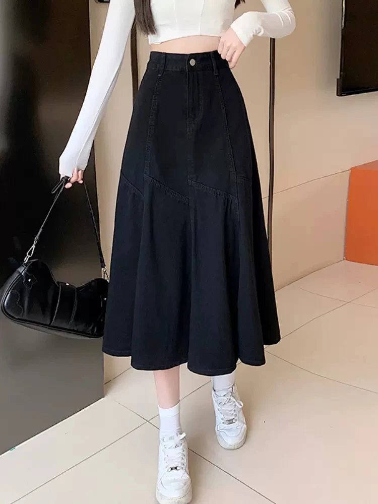 New Women Spring Summer Black Denim Skirt Fashion High Waist Patchwork A-Line Mid-Calf Skirt Vintage Casual Plus Size Skirt