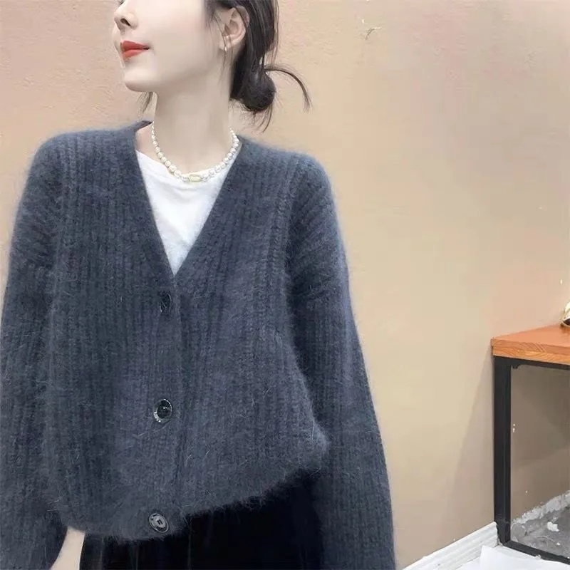 

Lu Long Sve Water Rabbit Fur Open Cardigan V Ne Knitted Sweater Women Trendy Soft Cozy Autumn Outerwear Commute Sle