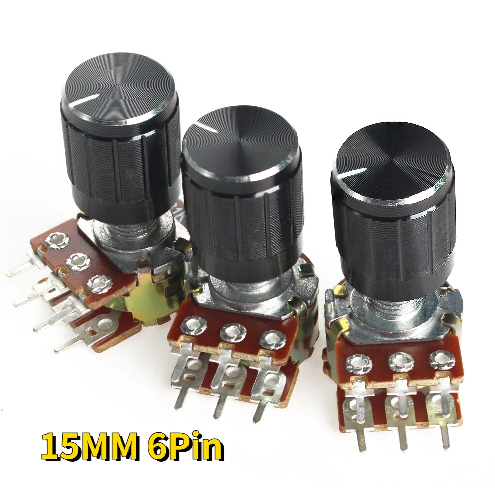 5pcs/set 15MM 6Pin WH148 Potentiometer 1K 2K 5K 10K 20K 50K 100K 250K 500K 1M with 15x17mm Black Knob, Nuts and Washers