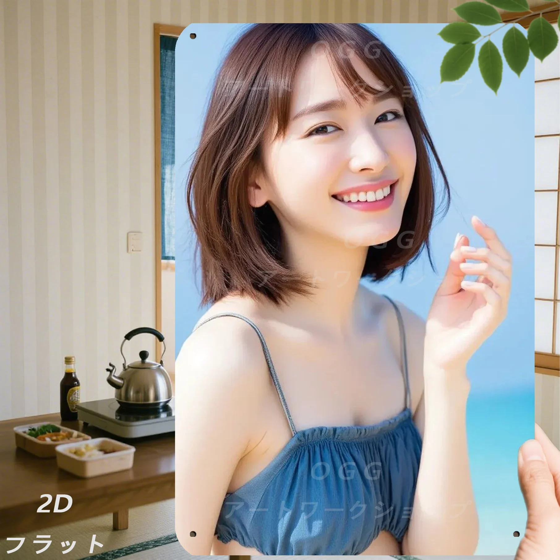 HD Metal Tin Sign, Smiling Asian Girl in Blue Cami Top Vintage Metal Poster, Beachy Aesthetic Wall Art for Home Bar, Retro Rustp