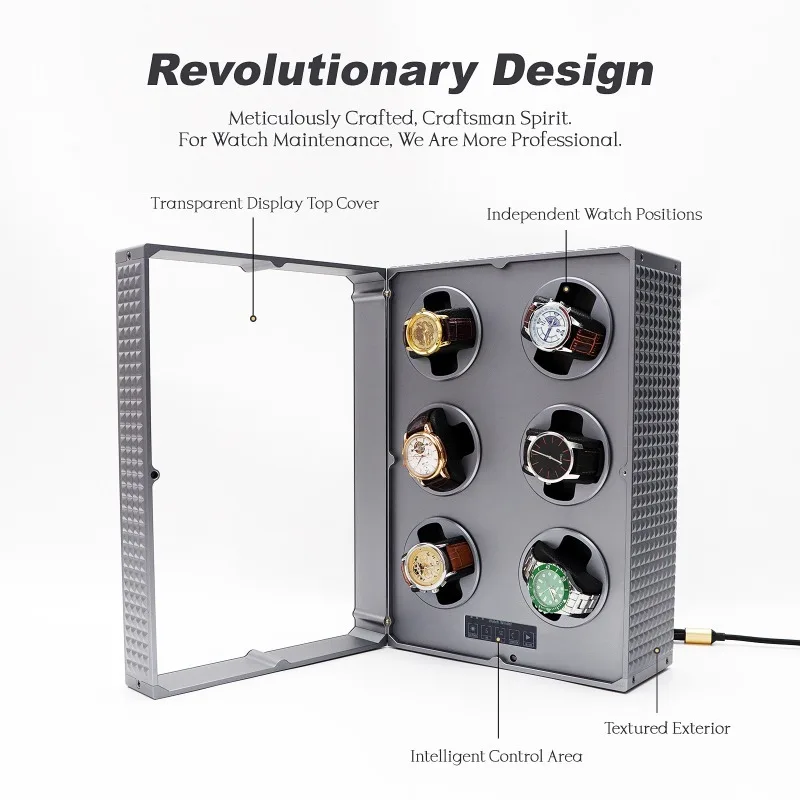 Aluminium Watch Winder Mute Antimagnetic Winders Collection Protect Mechanical Watches Supplies Transparent Window 6 Slot Winder