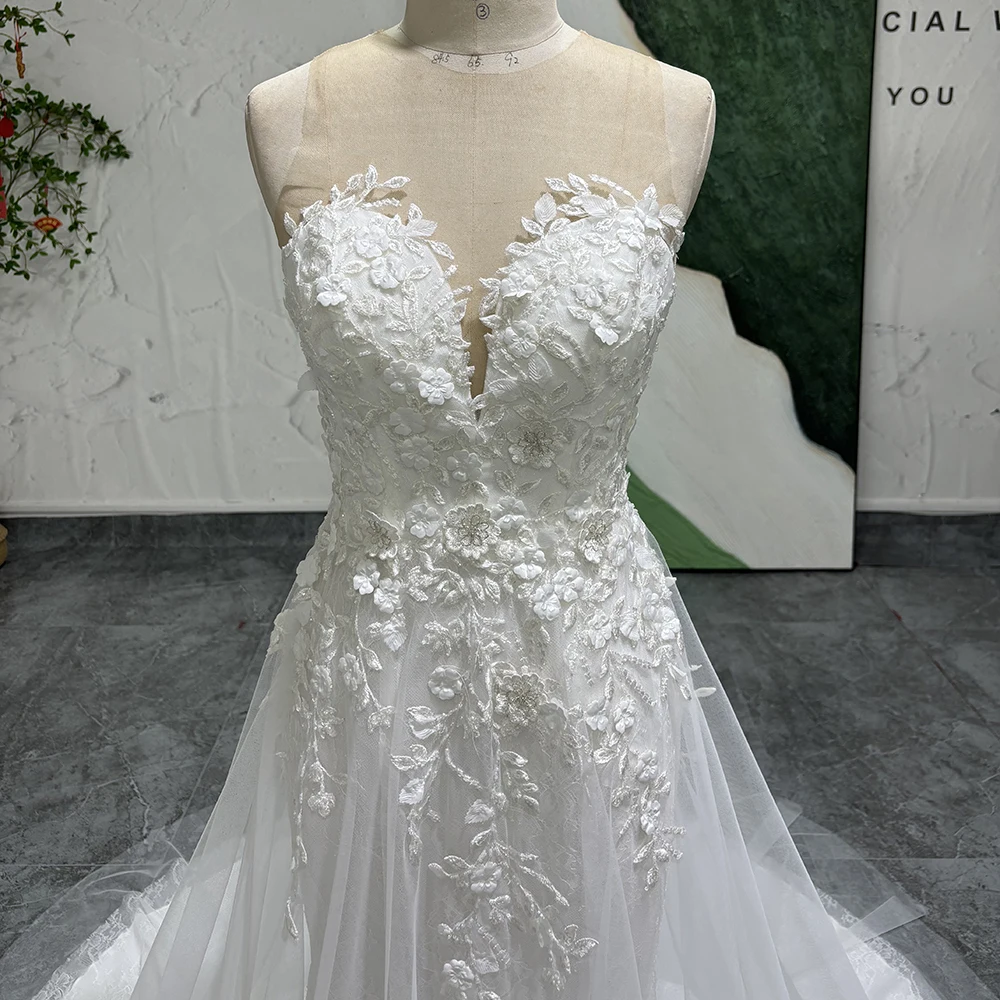 Robe de mariée élégante en fibre au dos, robes de mariée personnalisées, dentelle, ligne A, col rond, train de balayage, patients anicides, quelle que soit la dentelle, 2024