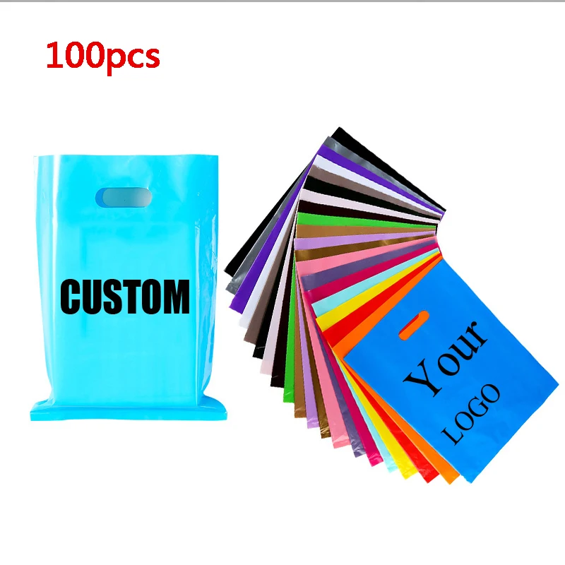 100 Stück individuelle Logo-Farb-Einkaufstasche mit Griff, Kunststoff-Geschenktüte, Business-Kunden-Plastiktüte (ohne Druckgebühr)
