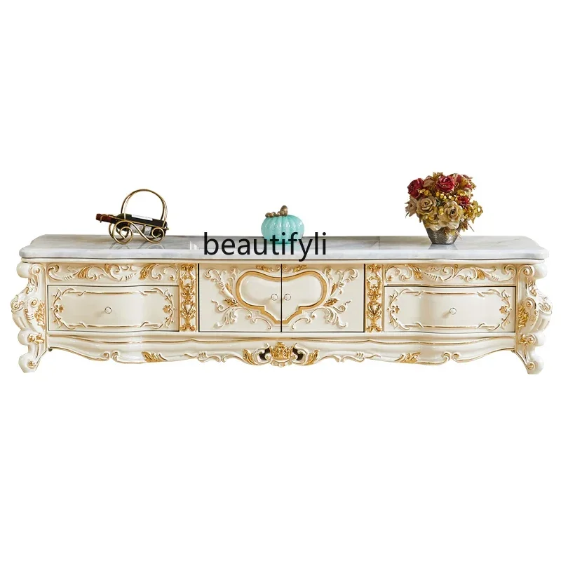 

European solid wood TV cabinet American villa luxury living room carved gold floor cabinet