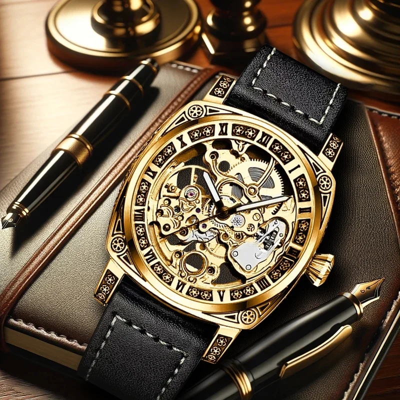 New Men mechanical watch Business retro style hollowed out luminous leather strap elegant Man carved mechanical wrist watches