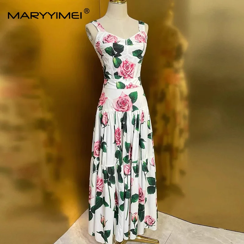 MARYYIMEI Floral-Print Pleated Splicing Fashion Suit For Women Sweetheart Neck Spaghetti Strap Tops+A-Line Big Swing 2-piece set image 2