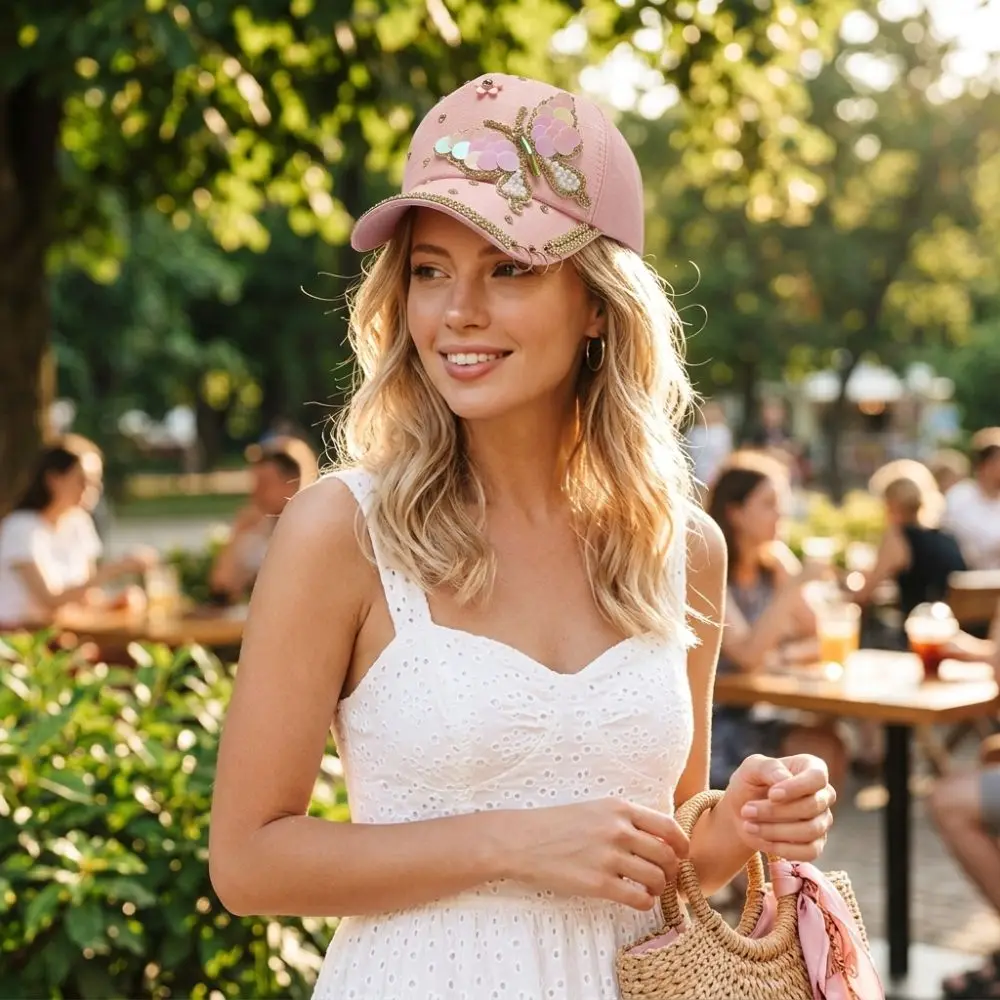 Sequined Butterfly Shiny Baseball Cap Versatile Rhinestones Women's Sun Hat Breathable Sun Protection Peaked Cap Outdoor Travel