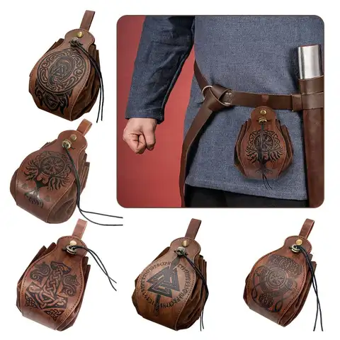 Portable Retro Waist Bag Medieval Viking Money Pouch Bag Unisex Durable Leather Drawstring Bag Coin Purse Party Accessories