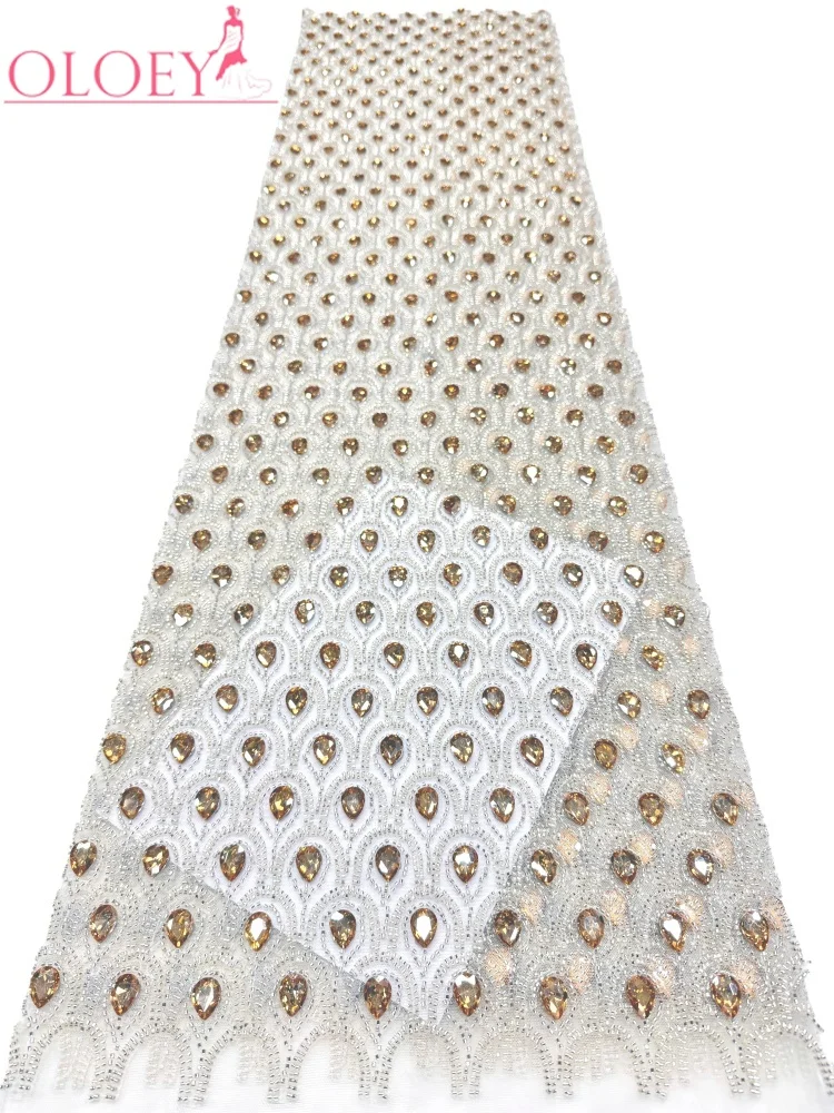 OLOEY Luxury French Rhinestone High Quality Beaded Tulle Lace High Nigerian dmade Sequins Lace Fabric