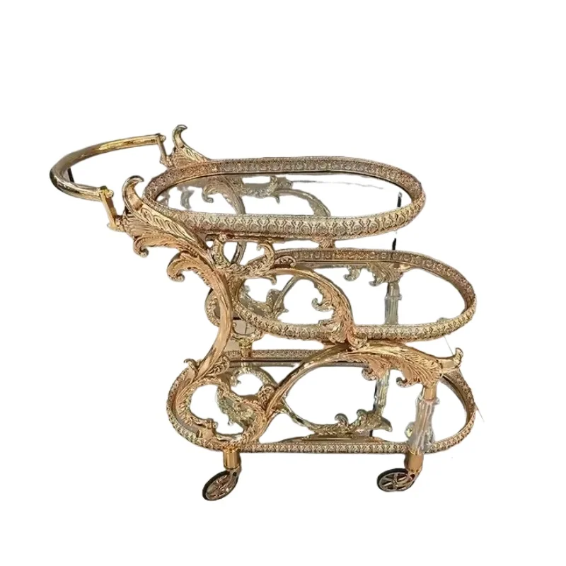Service trolleys are made of embossed metal and glass triplex trolleys, suitable for stylish homes and hotels