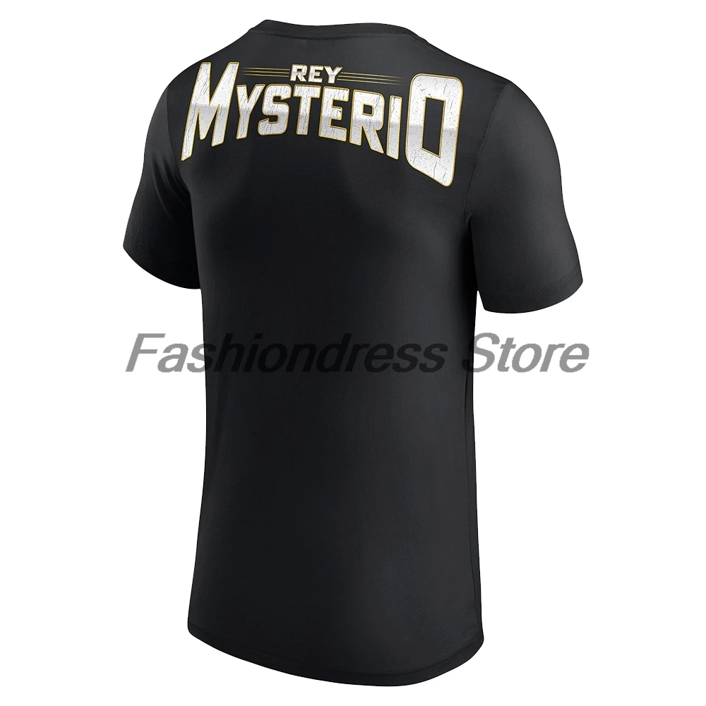 Men's Black Rey Mysterio 619 Gold Mask T-shirt Crewneck Short Sleeve Polyester Tee Women Outdoor Streetwear Tops