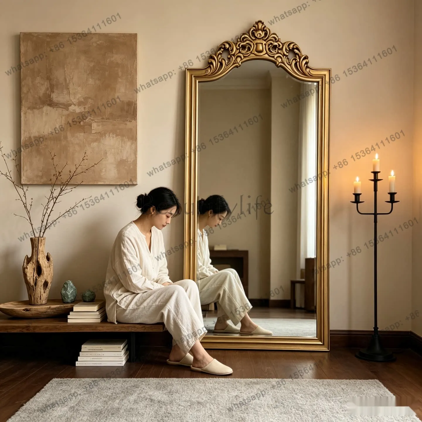 French retro home entry living room floor-to-ceiling full-body mirror American entrance fitting advanced sense engraved mirror