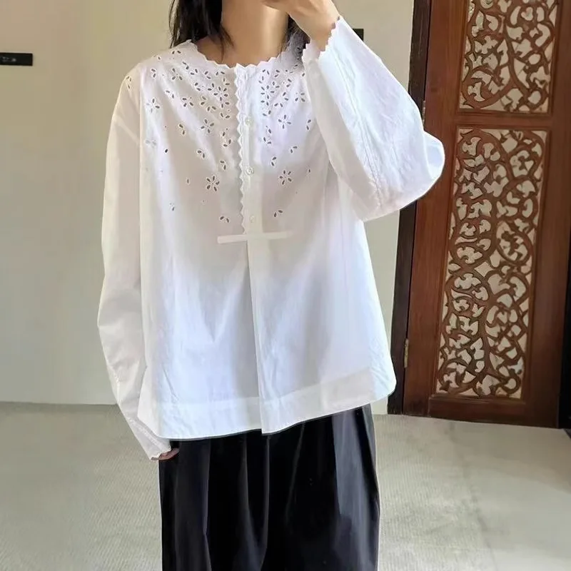 2025 Summer Shirt New Vintage Chinese Style Embroidery Hollowed Out Yankee Loose Gear Edge Round Neck Shirt