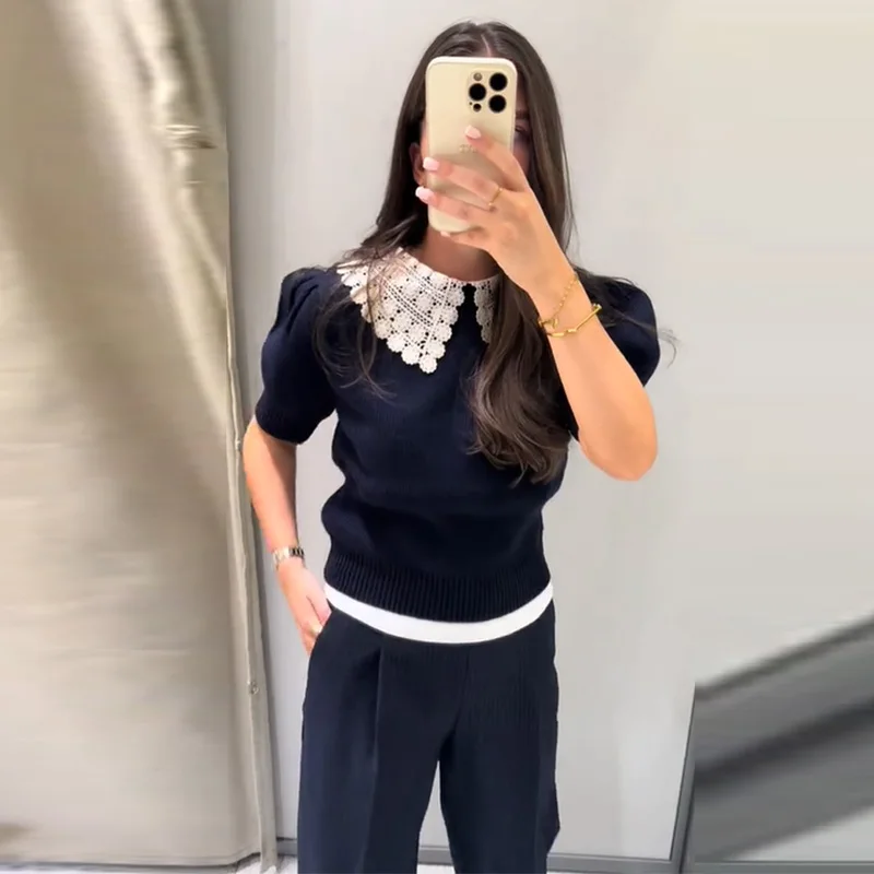 Casual Navy Blue Women's Knitted Top Doll Collar Short Sleeve Pullover 2025 New Slim Cropped Knitwears Fashion Autumn Lady Tops