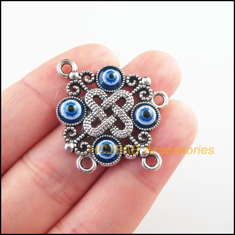 Fashion 5Pcs Tibetan Silver Plated Flower Chinese Knot Round Eye Resin Charms Connectors 30x37mm