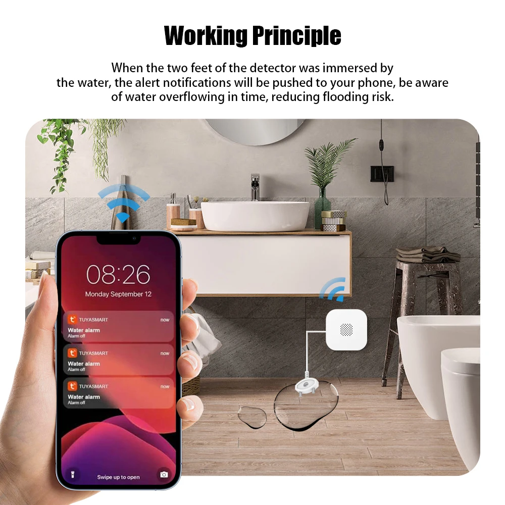 Tuya WiFi Smart Water Leak Sensor 80DB Sound and Light Alarm System Water Overflow Detector Flood Leakage Sensor Remote Monitor