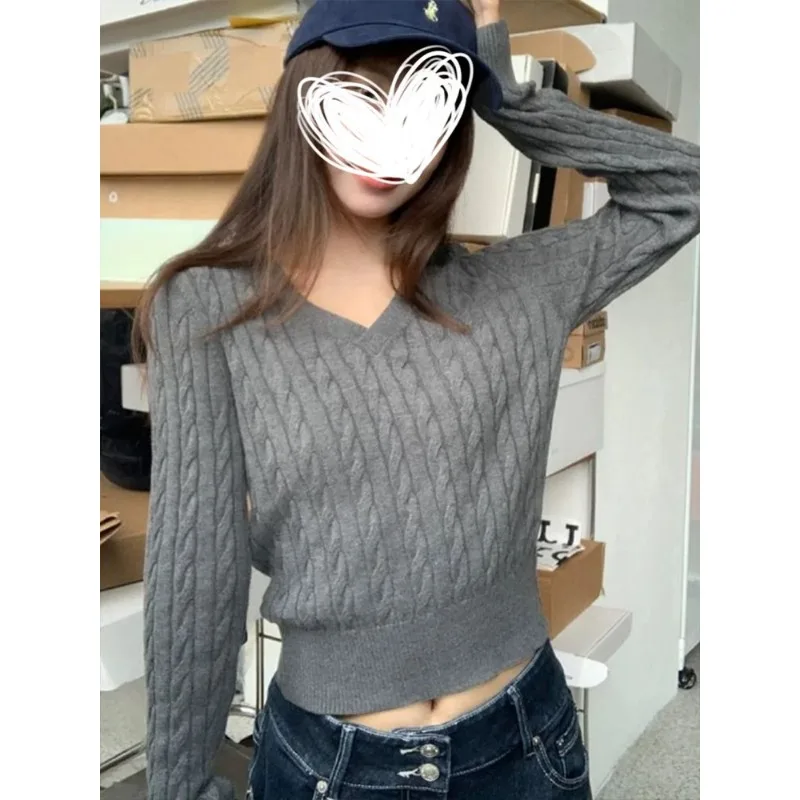 

Тонкий вязаный свитер в стиле ретро, простой топ с v-образным вырезом и длинными рукавами для поездок на работу