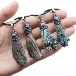 Natural Crystal Original Stone Necklace Pendant Peacock Tail Shape Pendant for women Jewelry Making DIYNecklace Black tourmaline