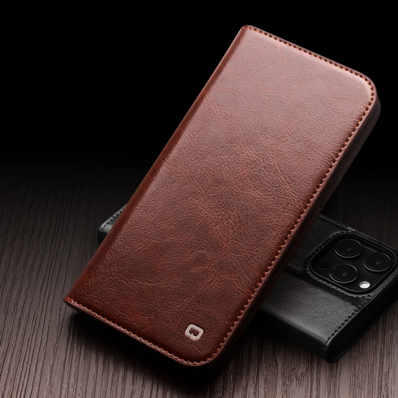 Qialino Brand Genuine Leather Flip Phone Cover Cases For Iphone 14 15 16 13 Pro Max Plus Real Cowhide Case Kickstand Card Pocket