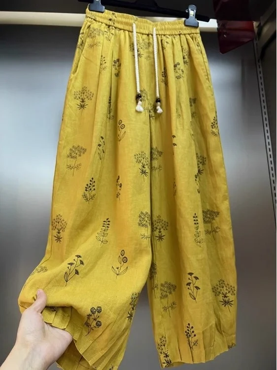 

Casual Cotton Linen Wide Leg Pants Pleated Loose Fit Women's plus Size Elastic Waist Slimming Nine Point Summer Trousers