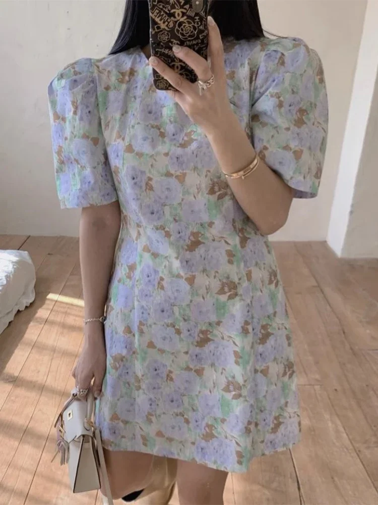 

Gagarich Vintage Loose Floral Print Color Contrast Short Dress Woman Elegant O-neck Puff Sleeves Slimming Vestidos 2024 New Ins