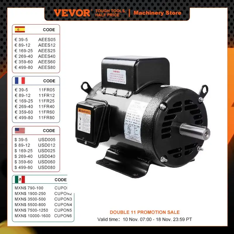 VEVOR 7.5HP Air Compressor Electric Motor 230V Rated Speed 3450RPM Single Phase CW/CCW Rotation for Air Compressors Water Pumps