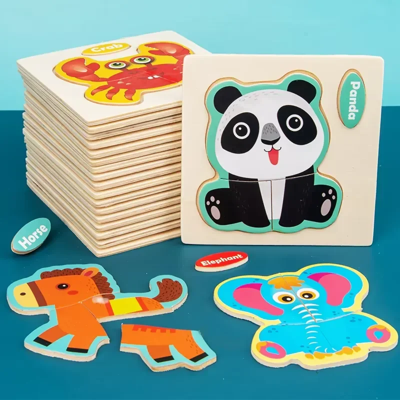 Wooden 3D Puzzle Cartoon Animal Smart Kid Educational Modeling Learning Toy DIY Assembly Brain Teaser Gift for Boys Girls
