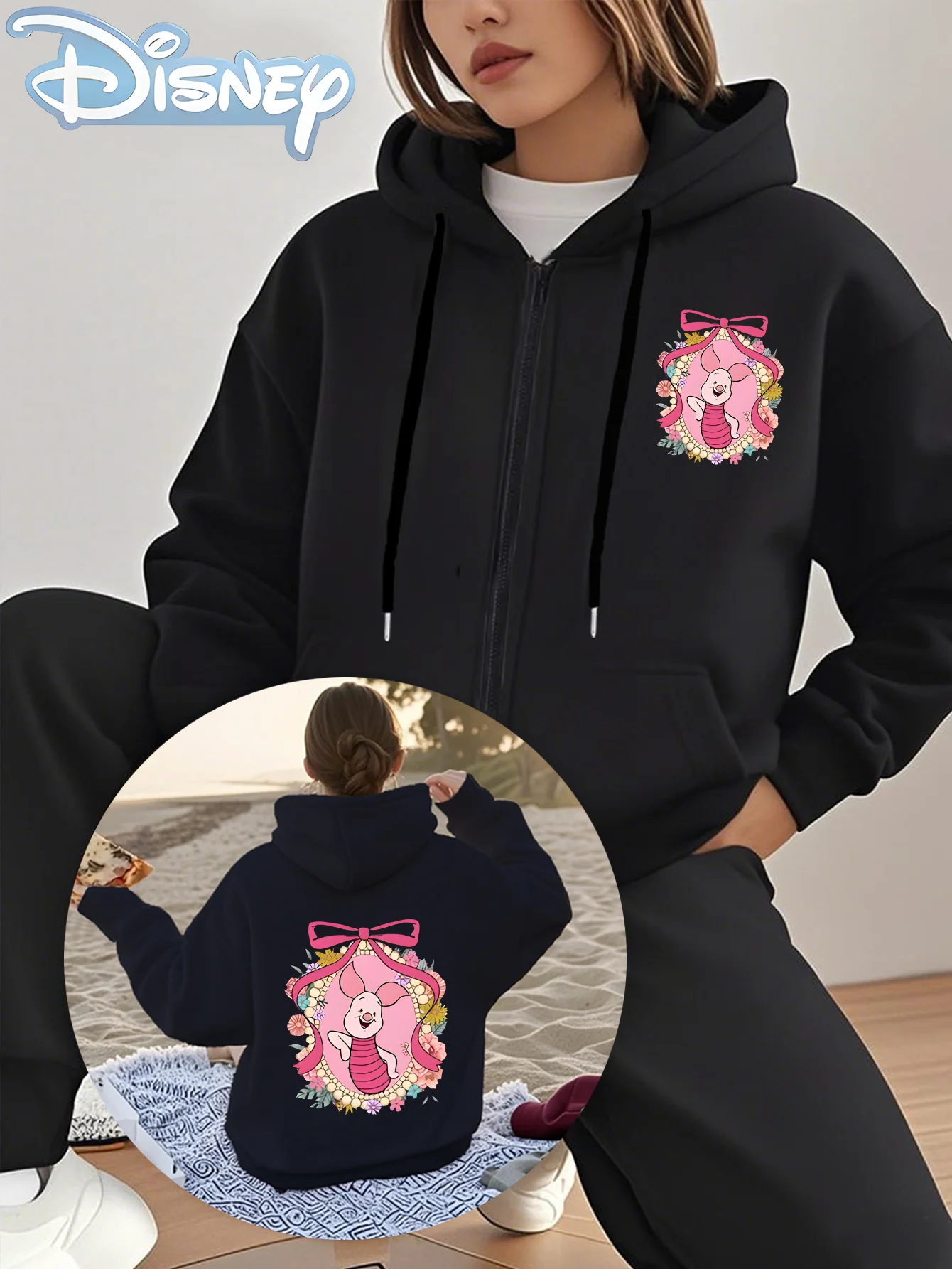 'Circle Orientation' Disney sous licence 'Winnie l'ourson, porcelet et miroir' motif imprimé double face, sweat à capuche avec cordon de serrage et fermeture éclair