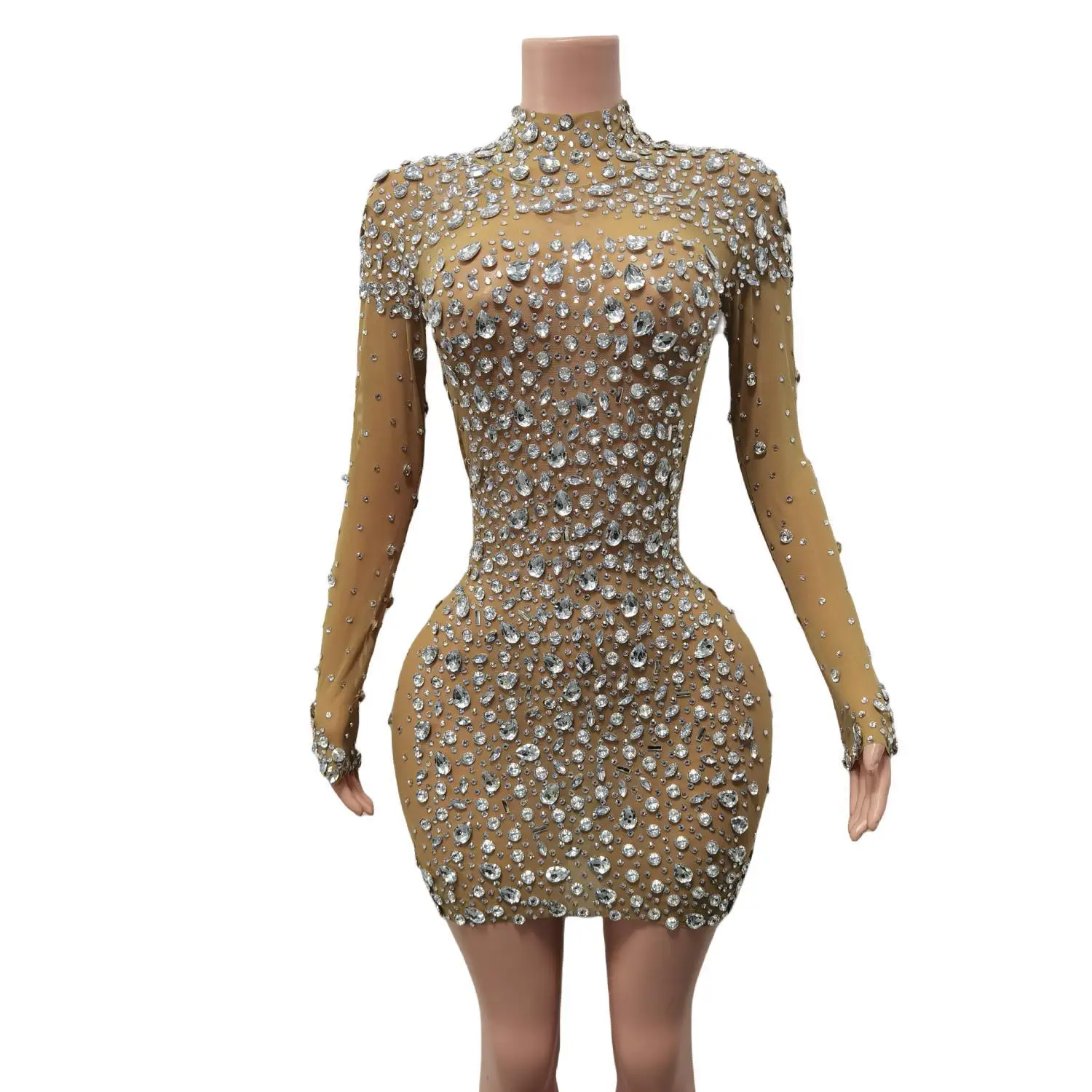 Sparkly Rhinestone Transparent Bodycon Dress Singer Model Stage Long Sleeve Mesh Short Dress Birthday Prom Show Costume Cuixing