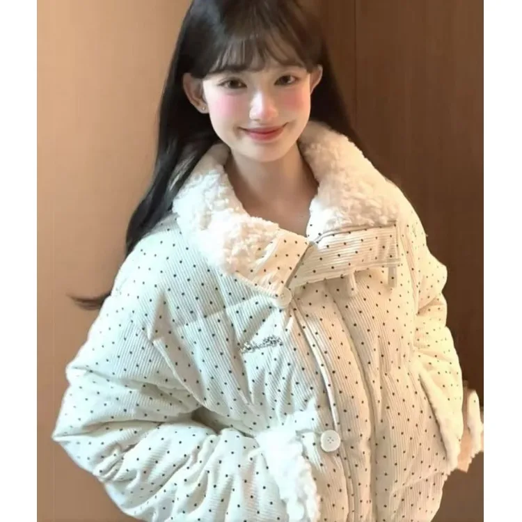 Korean Sweet Dot Pattern down Collar Cotton Jaet Women's Loose Thi Warm ort Bread Sle Autumn Winter Outerwear