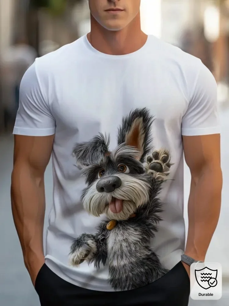 Trendiges 3D-Hunde-Print Rundhals-Kurzarm-T-Shirt Lustiges Welpen-Grafik-T-Shirt Modischer Street-Style Kurzarm-Oberteil
