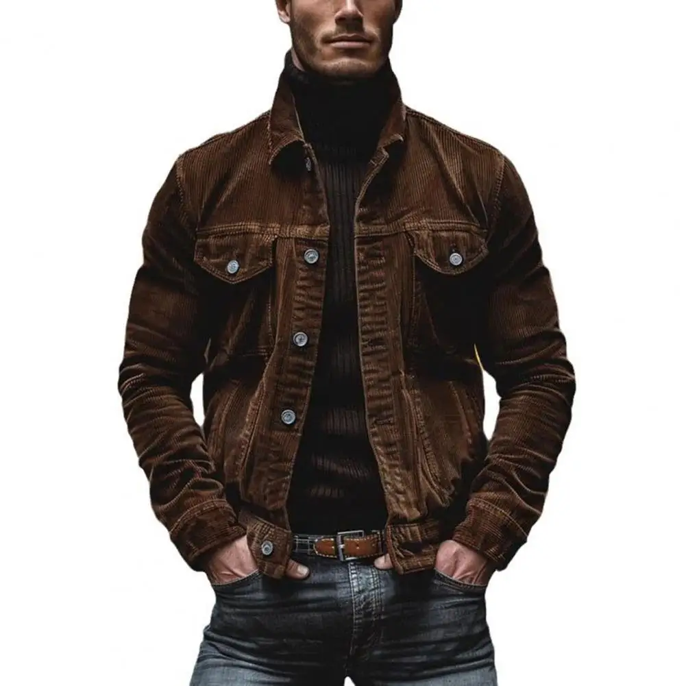 

Retro Corduroy Jacket Stylish Men's Corduroy Coat with Turn-down Collar Single-breasted Button Closure Long Sleeves for Dating