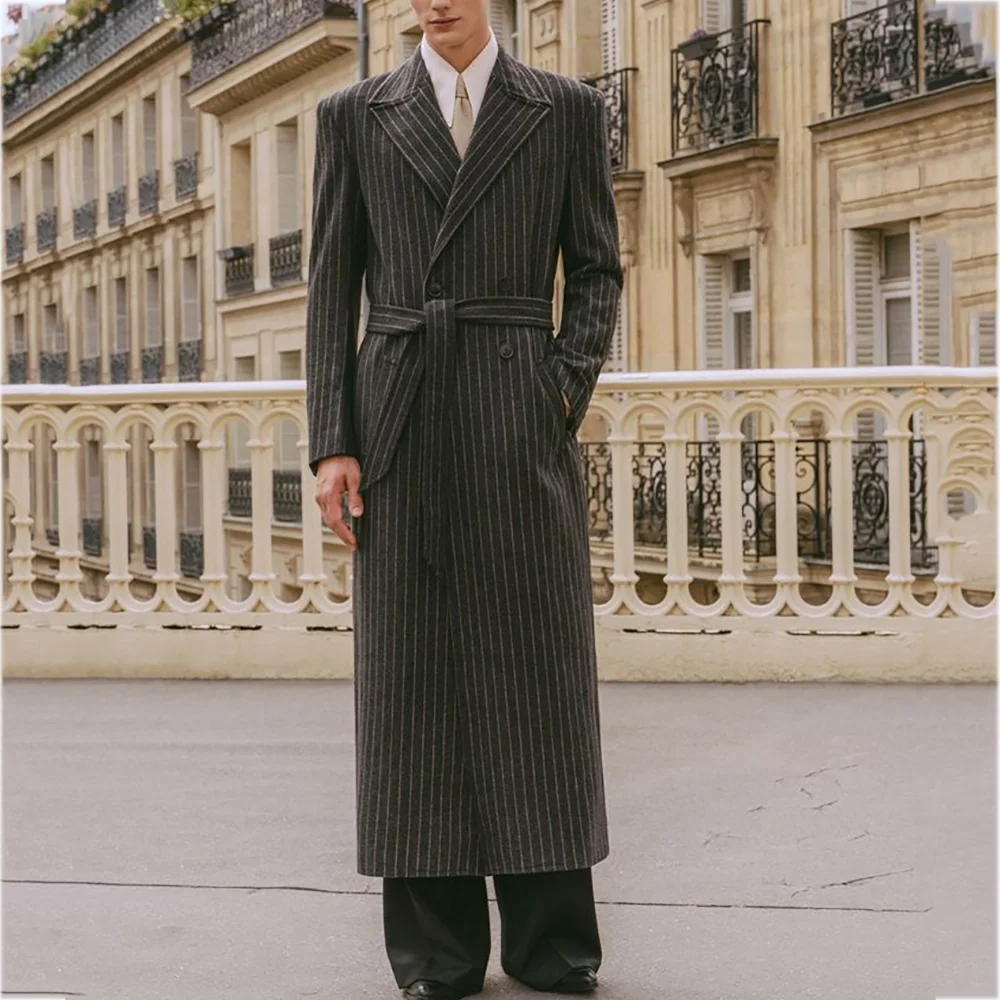 

Customized Men's Suits Jacket One Piece Fashion Striped Peaked Lapel Casual Long Blazer with Belt High Street Daily Wear