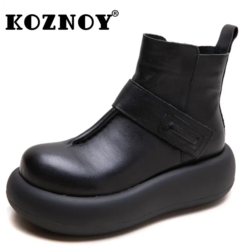 Koznoy 5cm mokasyny damskie krowa prawdziwej skóry jesienne botki na koturnie Retro wiosna etniczne ZIP platforma ciepłe zimowe pluszowe buty